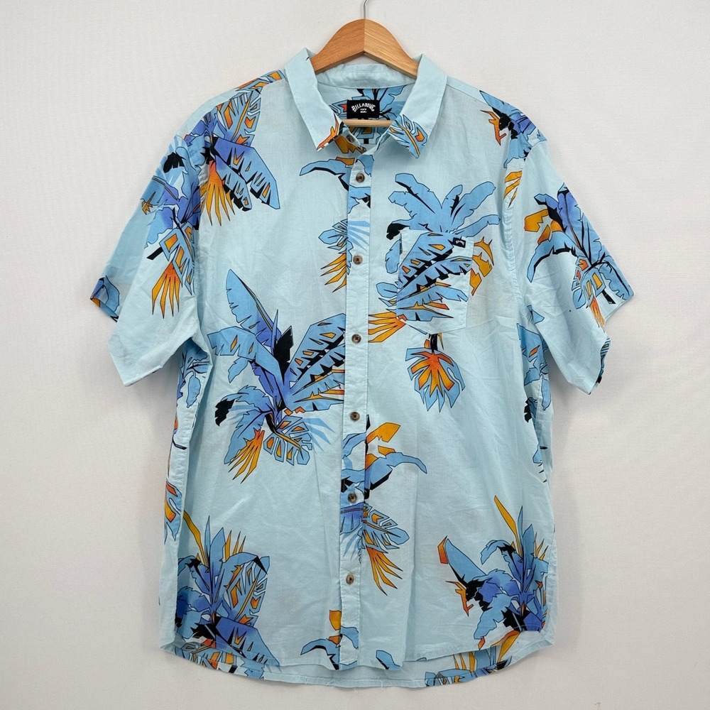 Billabong Button Down Shirt Men XL Blue Tropical Leaf Print Surf Beach Coastal